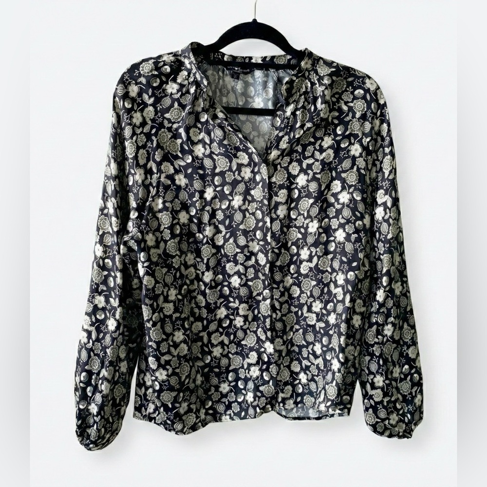 Velvet Heart Black Floral Button Down Blouse Cupro Viscose Soft Top Small